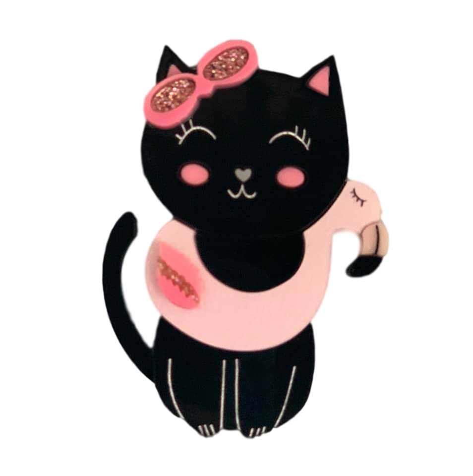 Black Kitty Pink flamingo - Brooch
