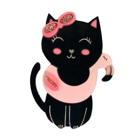 Black Kitty Pink flamingo - Brooch
